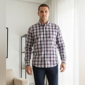 HAUPT Evolution Two Ply Dress Shirt M 15.75 Purple Plaid Button Down